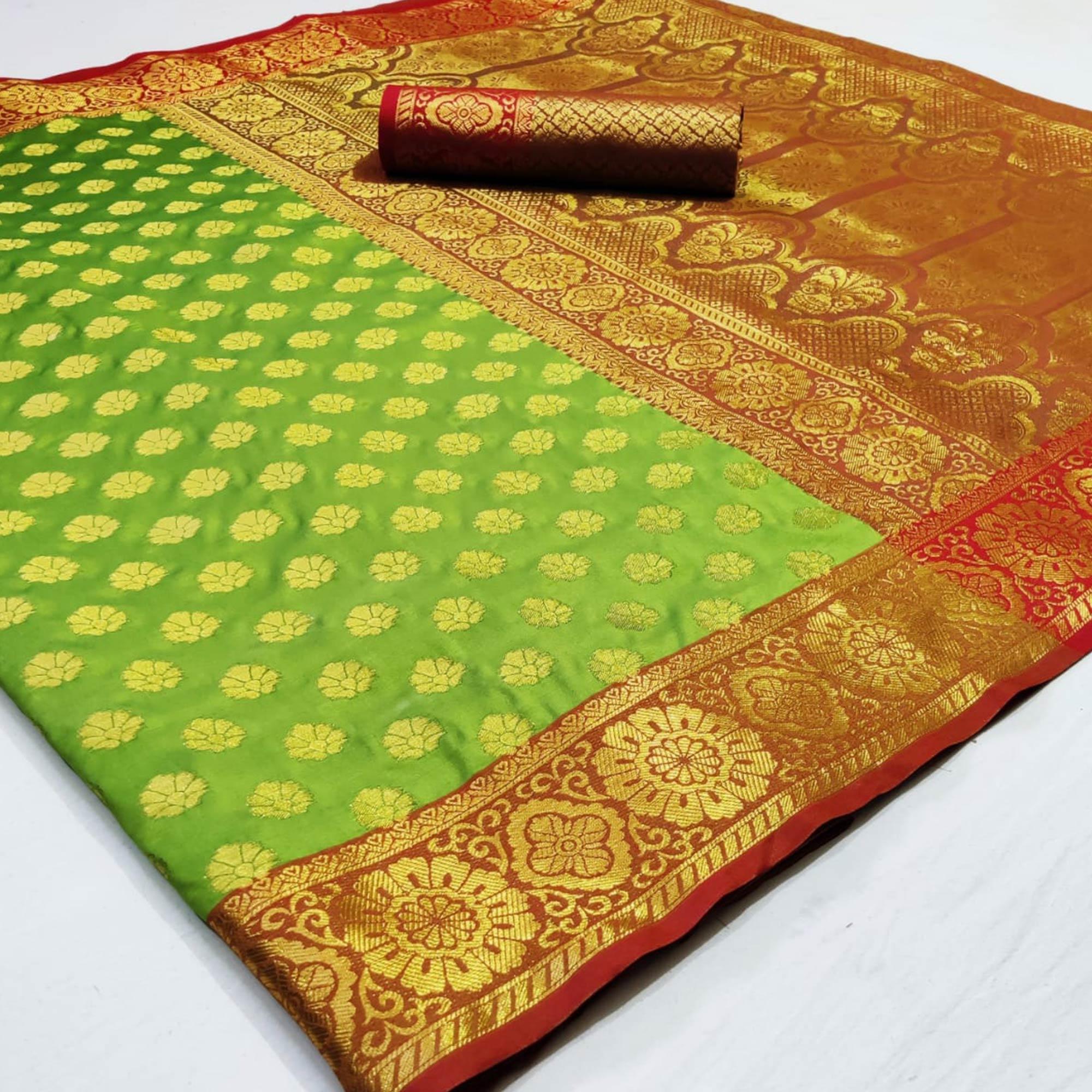 Peachmode Glowing Green Colored Festive Wear Woven Heavy Silk Saree