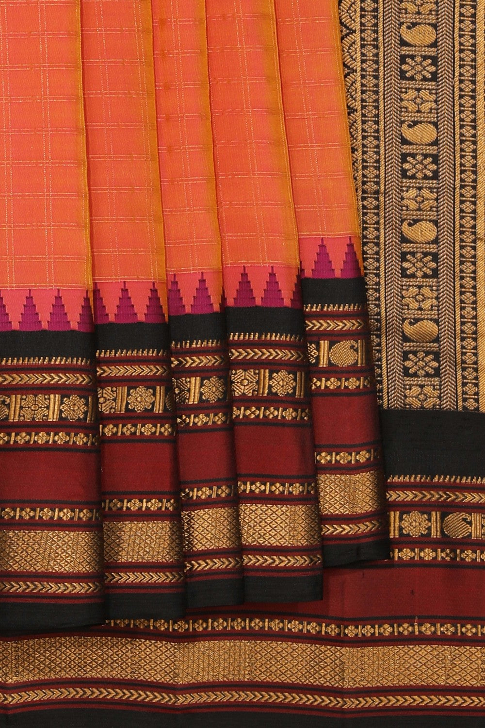 Kalanjali Gadwal Silk Fuchsia-Pink Kattam Saree