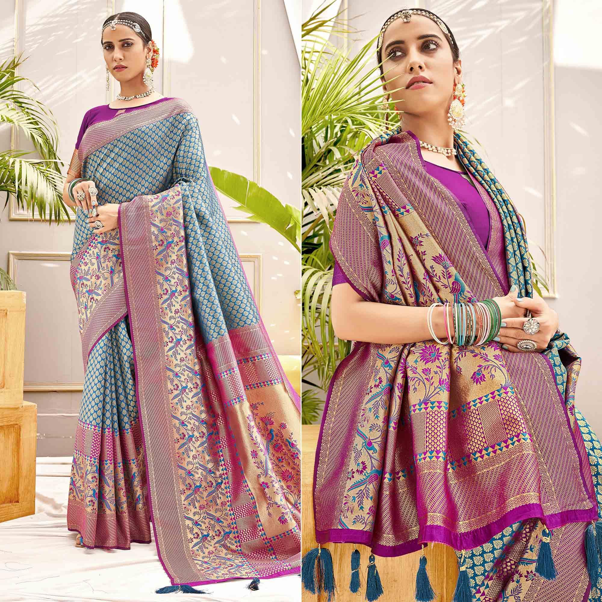 Peachmode Blue Woven Art Silk Saree – Women's