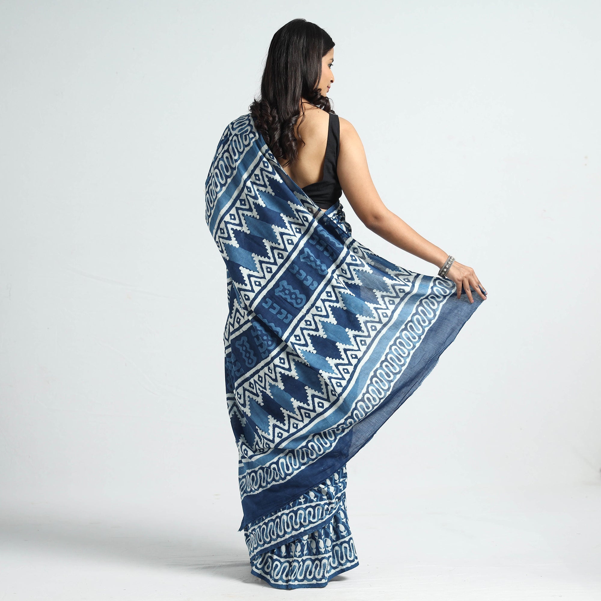 ARTISAN HAND BLOCK PRINTS Blue - Bagru Dabu Block Printed Mul Cotton Saree - view 7