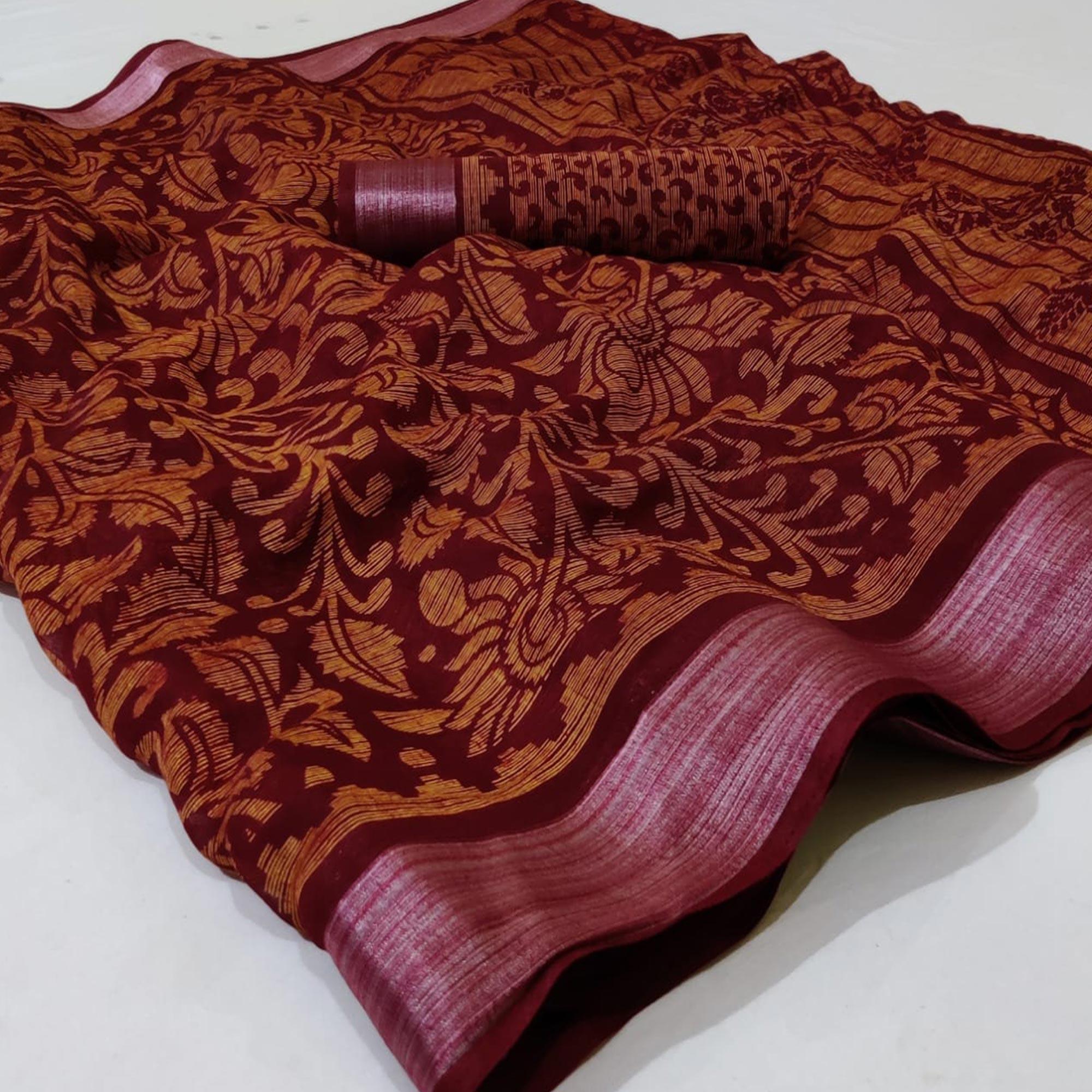 Peachmode Maroon Casual Wear Mill Printed Linen Cotton Saree With Silver Zari Border