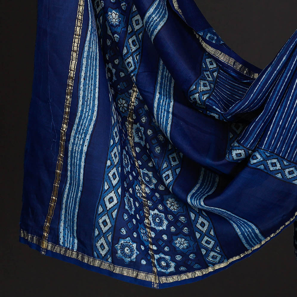 HAVELI CHRONICLES Blue - 3pc Akola Block Printed Chanderi Silk Suit Material Set - view 4