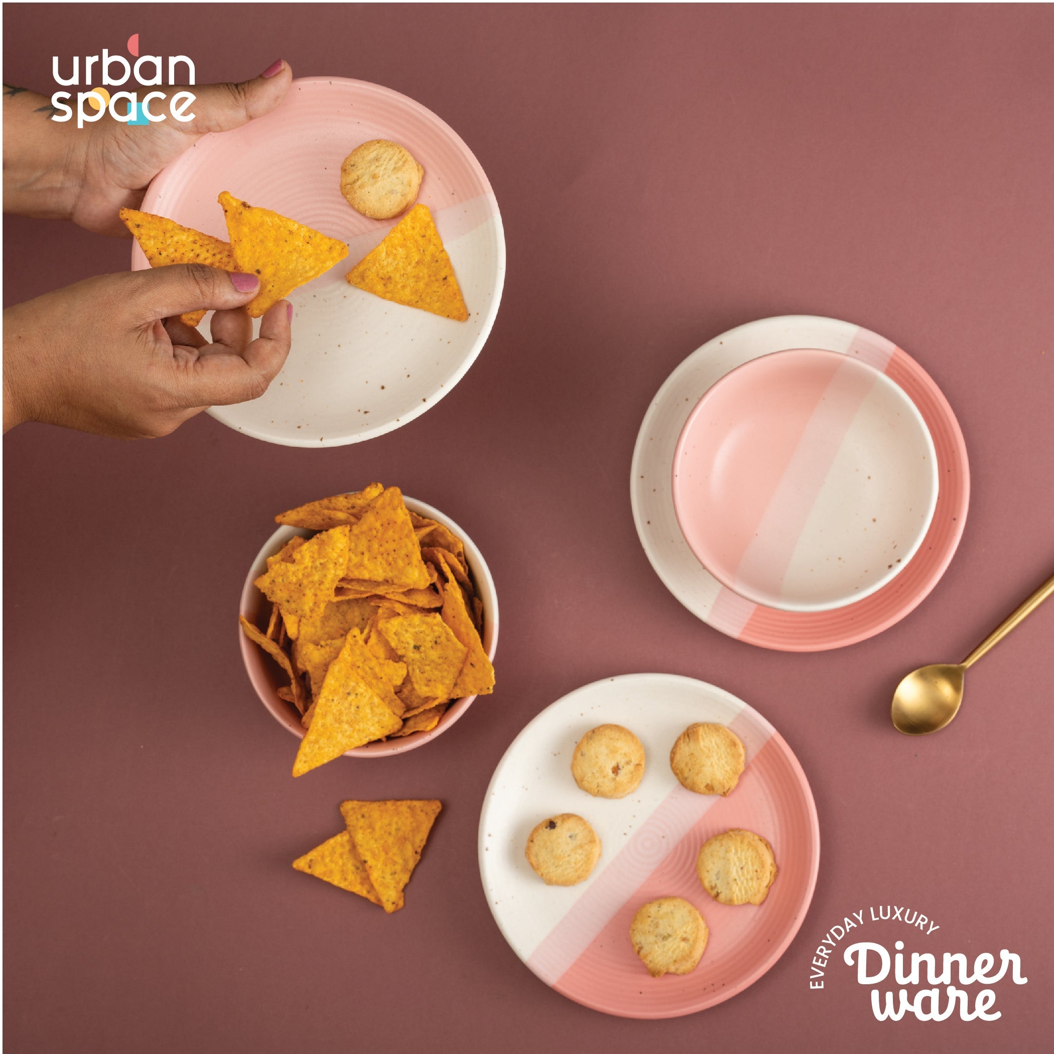 Urban Space Home Furnishing Handmade Ceramic Snack Platter, set of 2 serving bowls and 4 Quarter plates for house parties, Set of 6, Pink Pearl - view 2