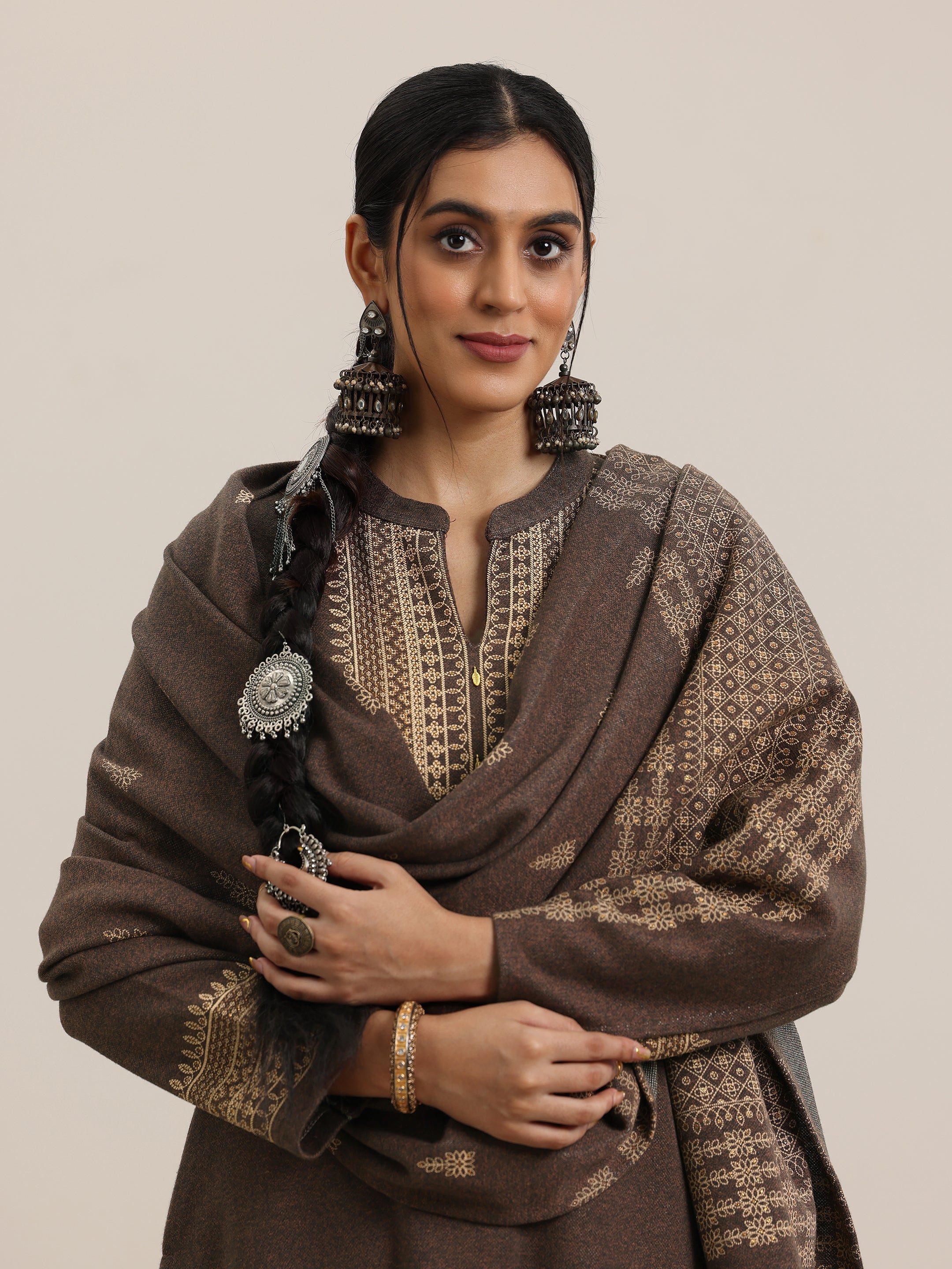 Libas Brown Yoke Design Wool Blend Straight Suit With Dupatta - view 7