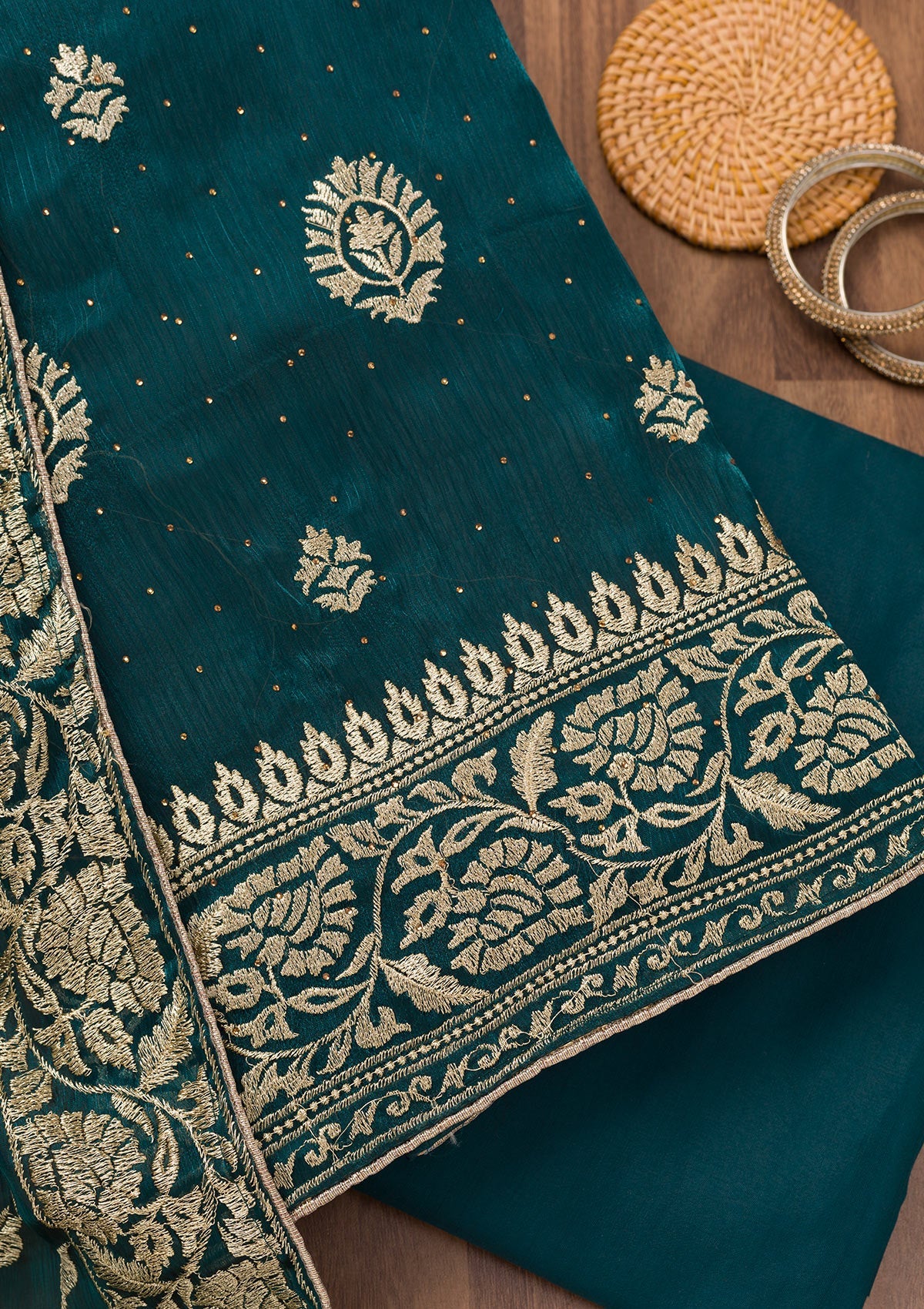 Koskii Peacock Blue Zariwork Semi Crepe Unstitched Salwar Suit - view 2