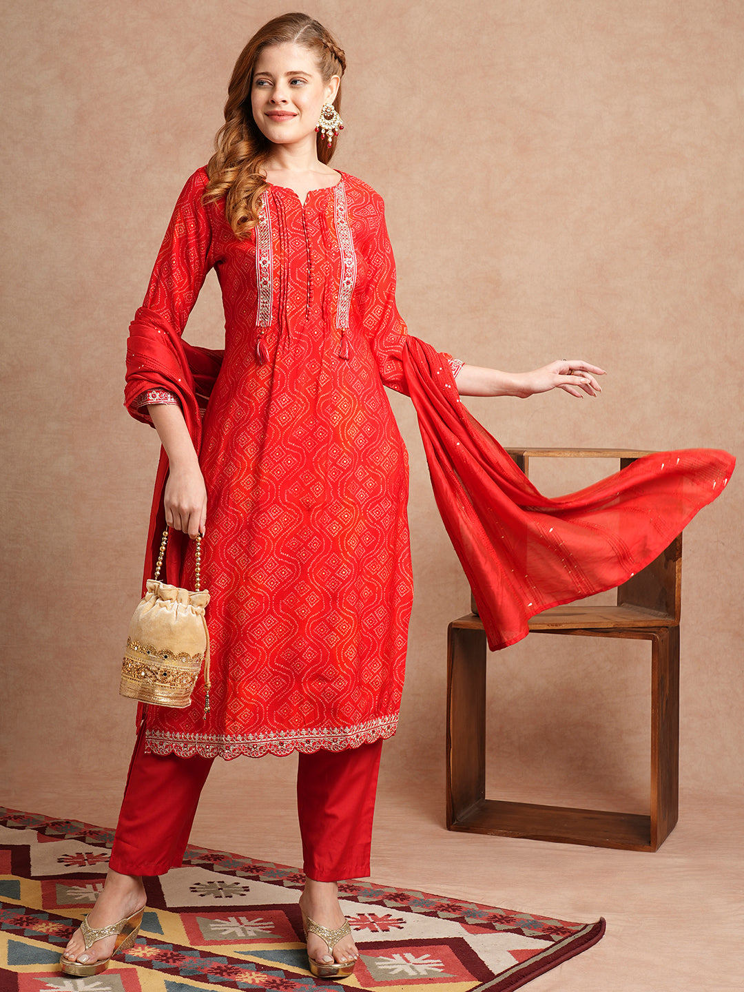 FASHOR Bandhani Printed & Embroidered Straight Kurta with Pant & Dupatta - Red