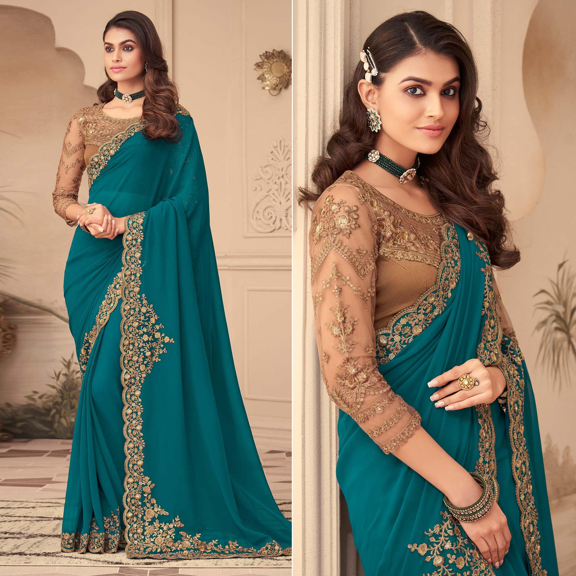 Peachmode Morpich Floral Sequins Embroidered Georgette Saree