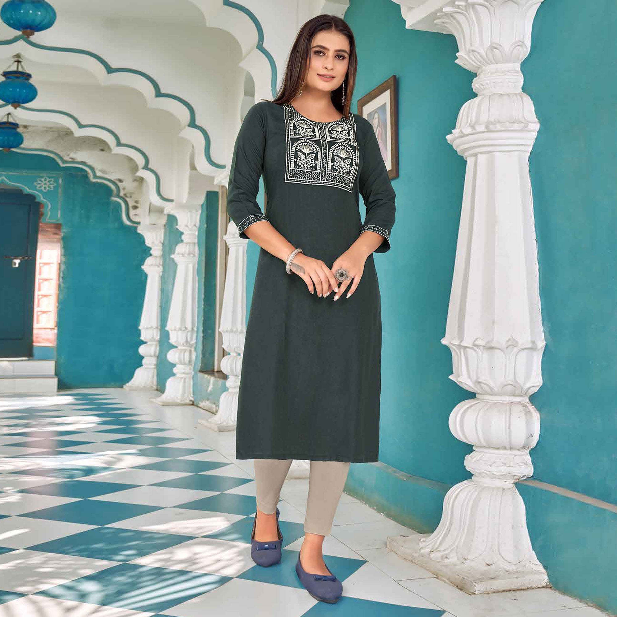 Grey kurtas – BlackTree grey-floral-embroidered-rayon-kurti-4