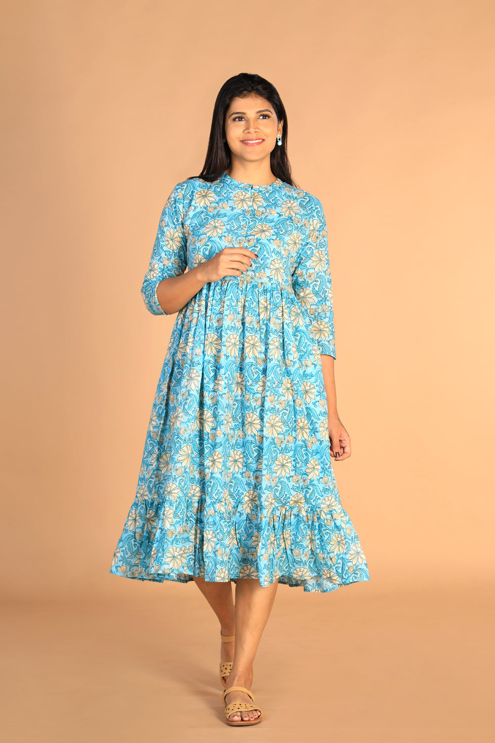 Kalanjali Ethnics Floral Sanganeri hand block printed cotton dress