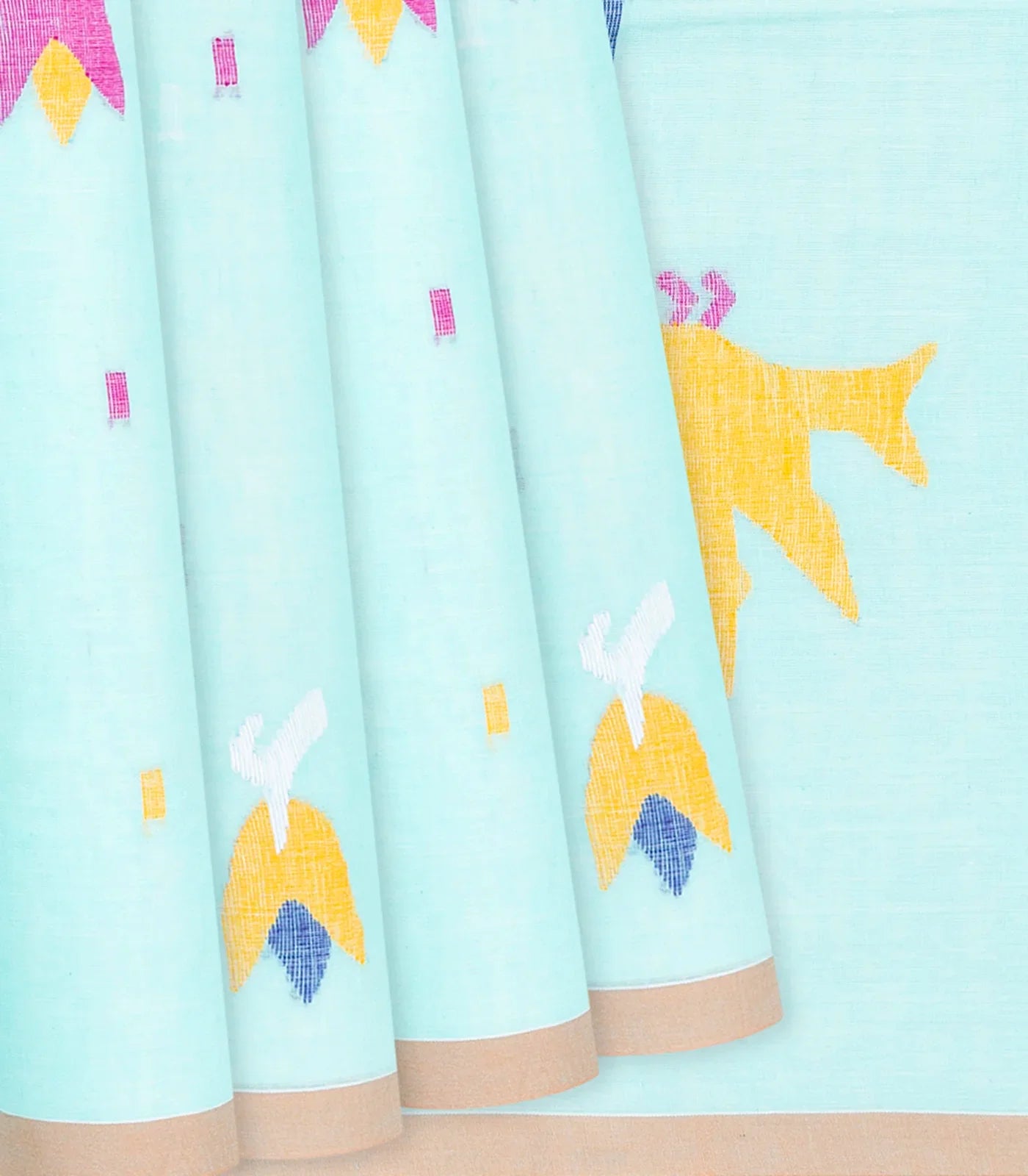 RmKV Turquoise Handloom Dhakai Cotton Saree With Flower Motifs-Turquoise