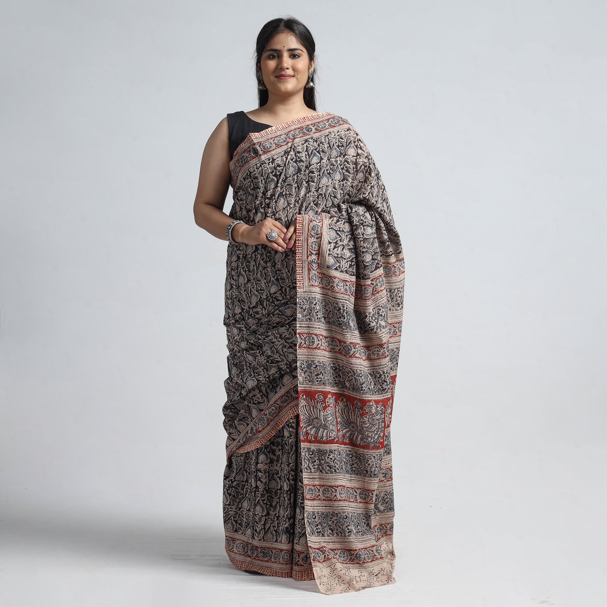 VENKATA BHANU KALAMKARI PEDANA Black - Pedana Block Print Cotton Kalamkari Saree