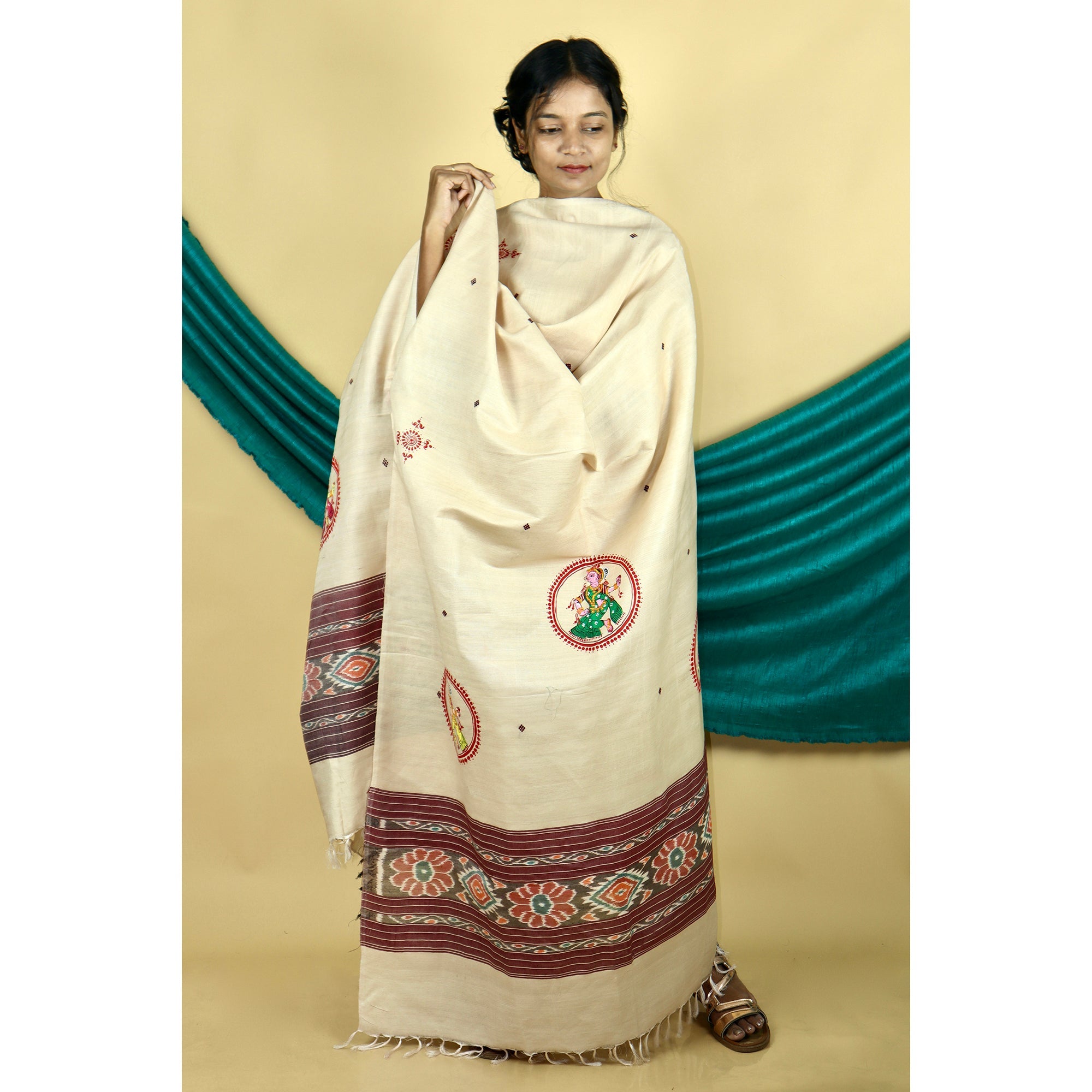 DIORAMA DESIGNS Beige - Pattachitra Ikkat Handpainted Dupatta - view 3