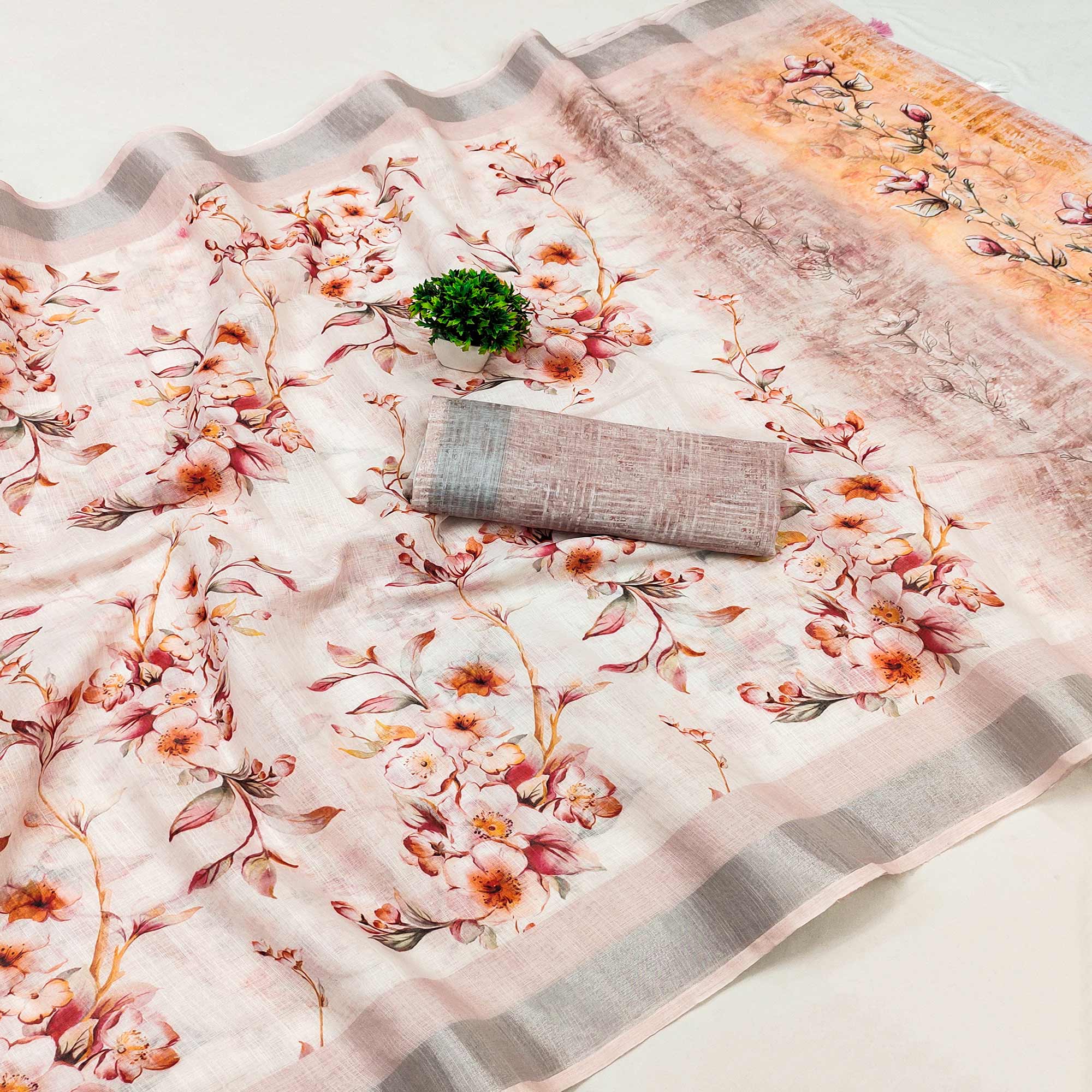 Peachmode Cream Printed Linen Saree – Women's