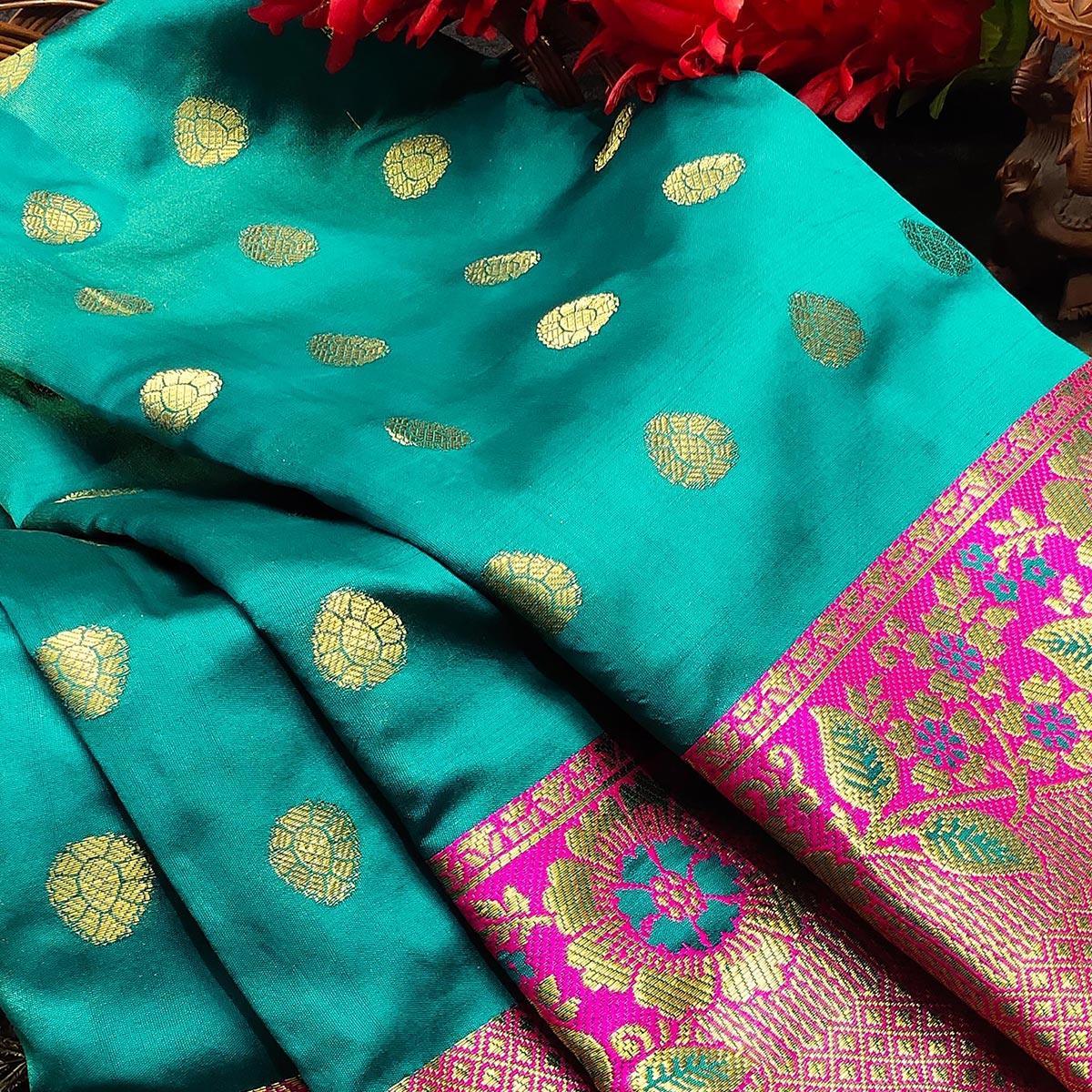 Peachmode Intricate Blue Colored Festive Wear Woven Kanjivaram Silk Saree - view 2