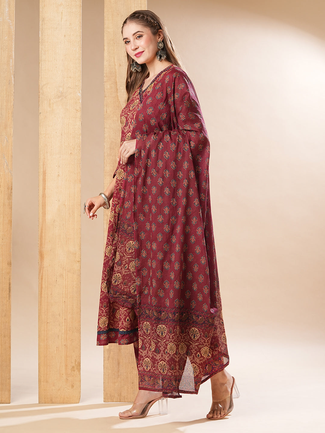 Fashor Floral Printed Resham & Sequins Embellished Anarkali with Pants & Dupatta - Dark Red - view 4