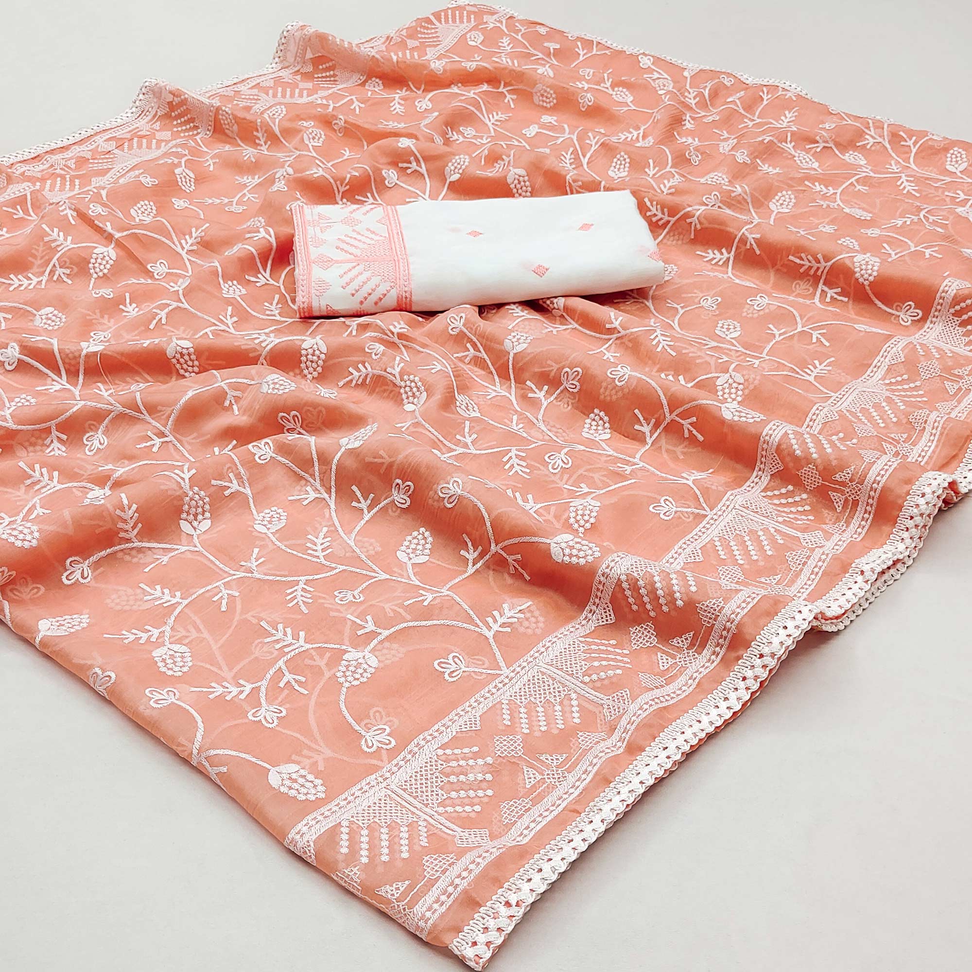 Peachmode Light Orange Lucknowi Work Organza Saree