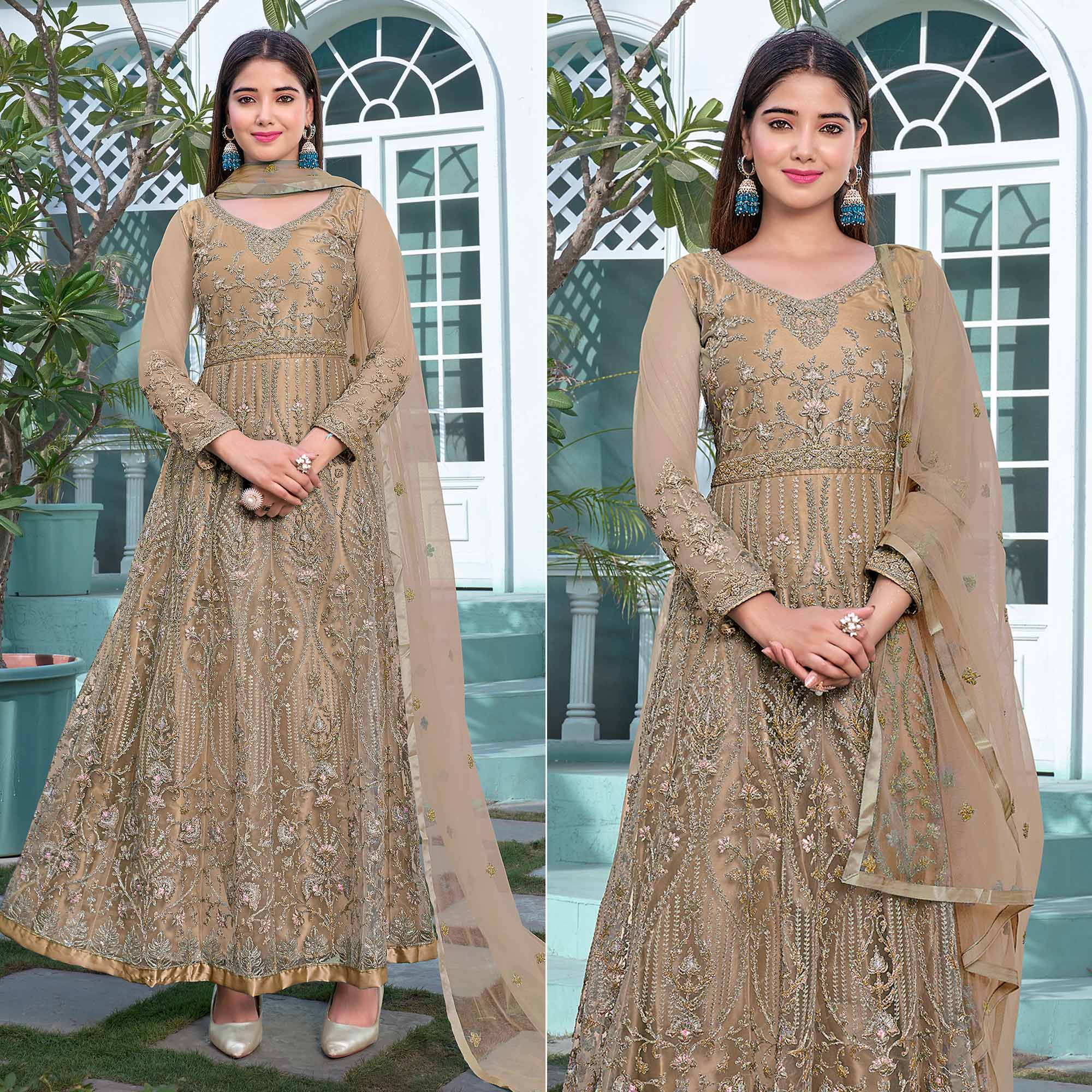Peachmode Chikoo Floral Sequins Embroidered Net Semi Stitched Anarkali Suit