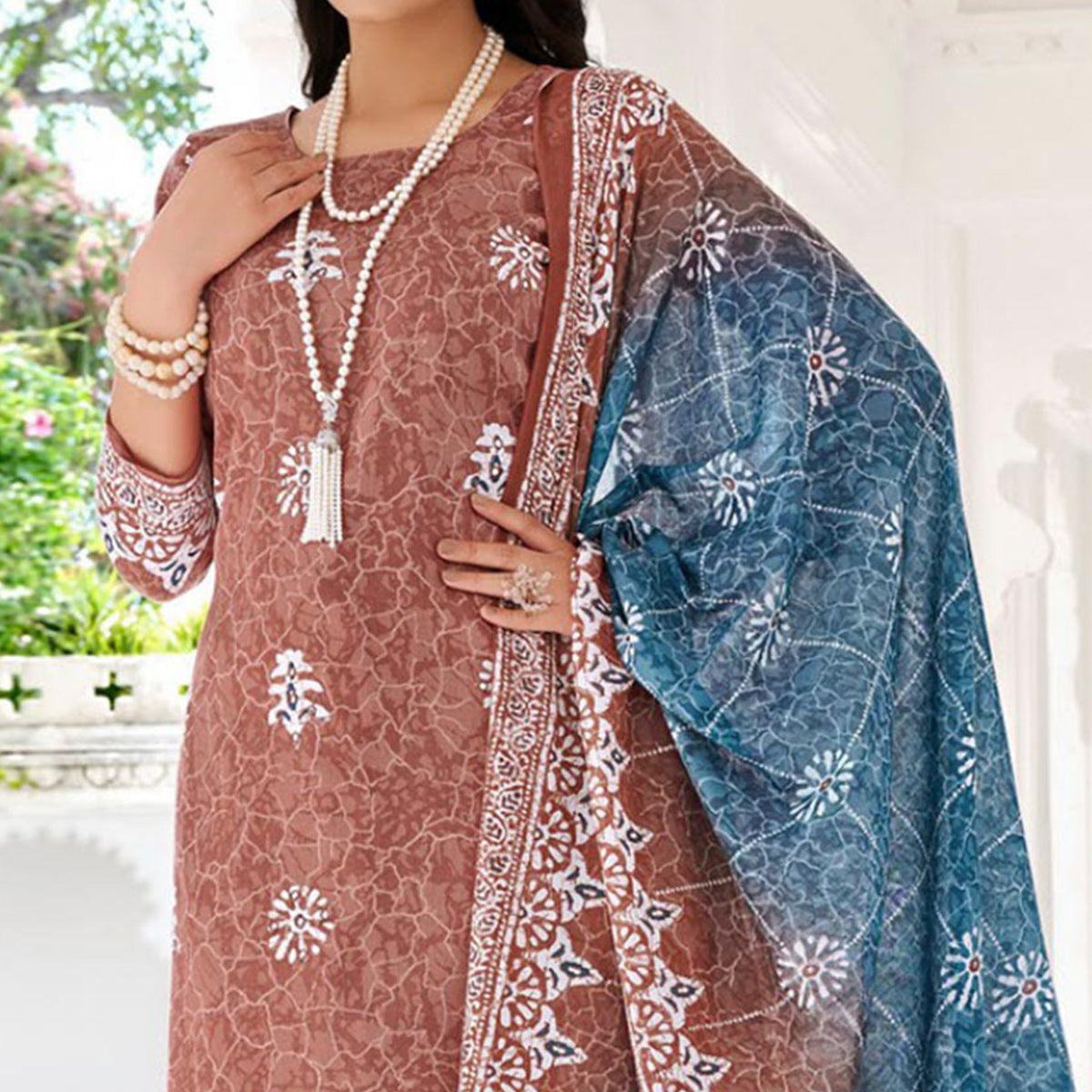Peachmode Brown Digital Printed With Mirror Work Pure Cotton Suit - view 2