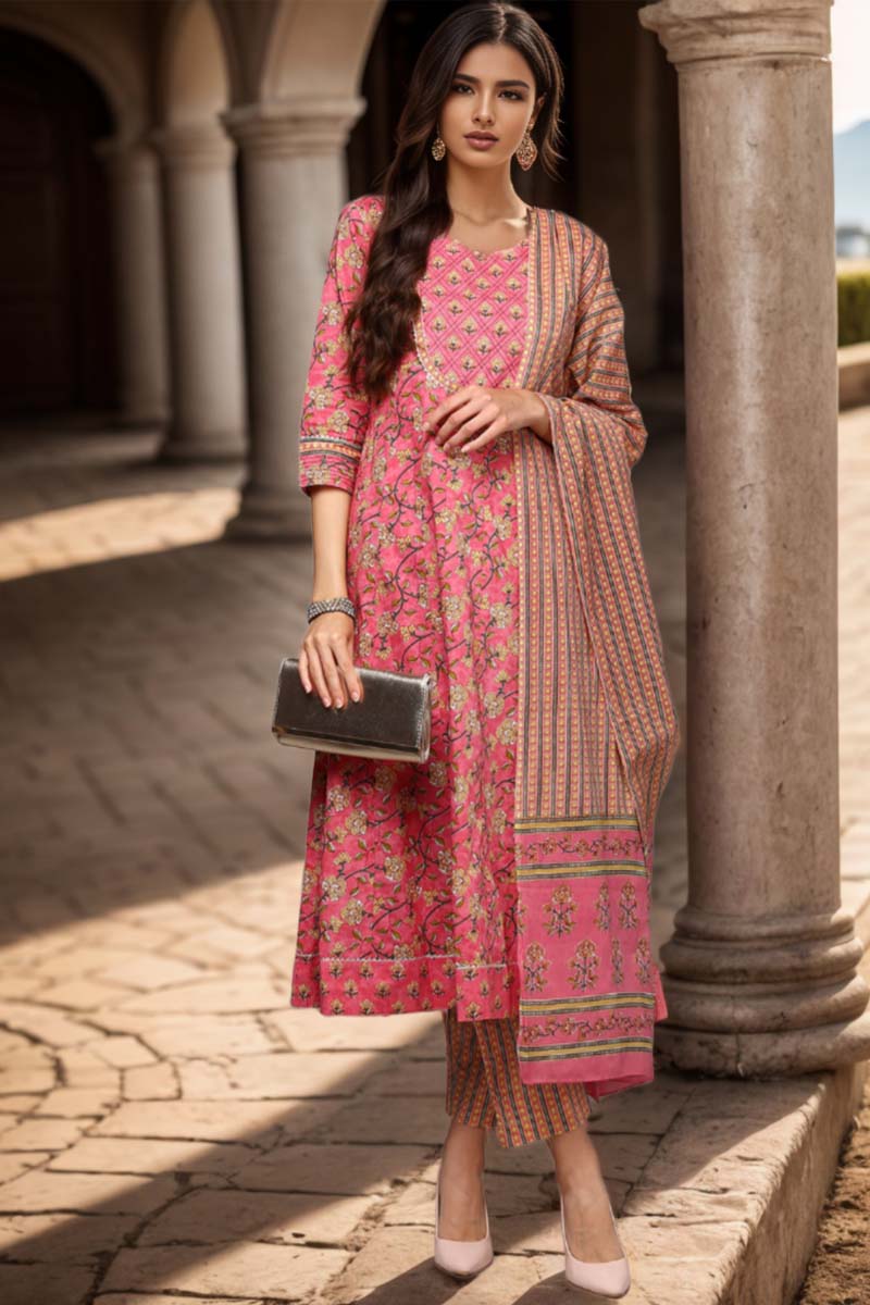Ahika Pink Pure Cotton Printed Flared Suit Set VKSKD1973