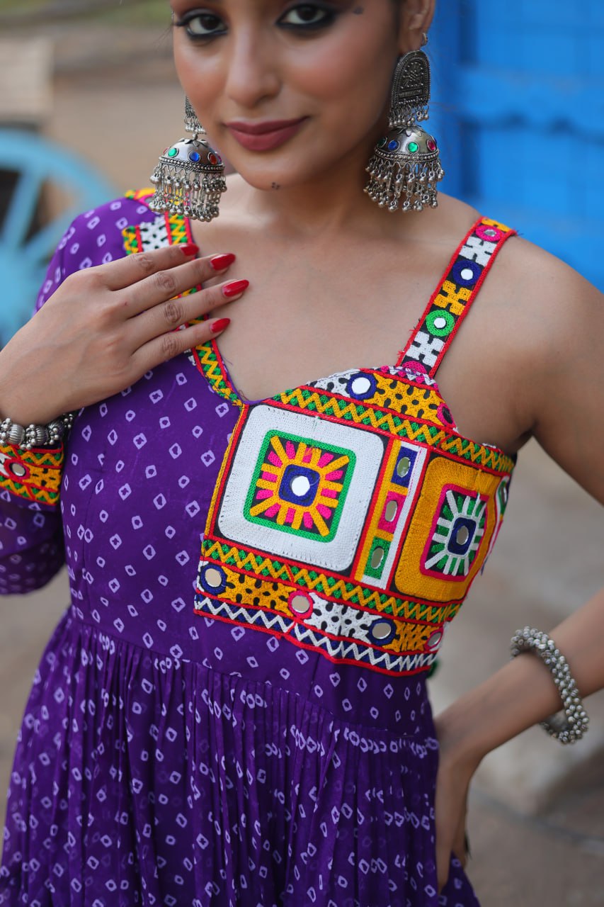ClothsVilla.com Purple Elegant Bandhani Print Faux Georgette Gown with Kutchi Patchwork