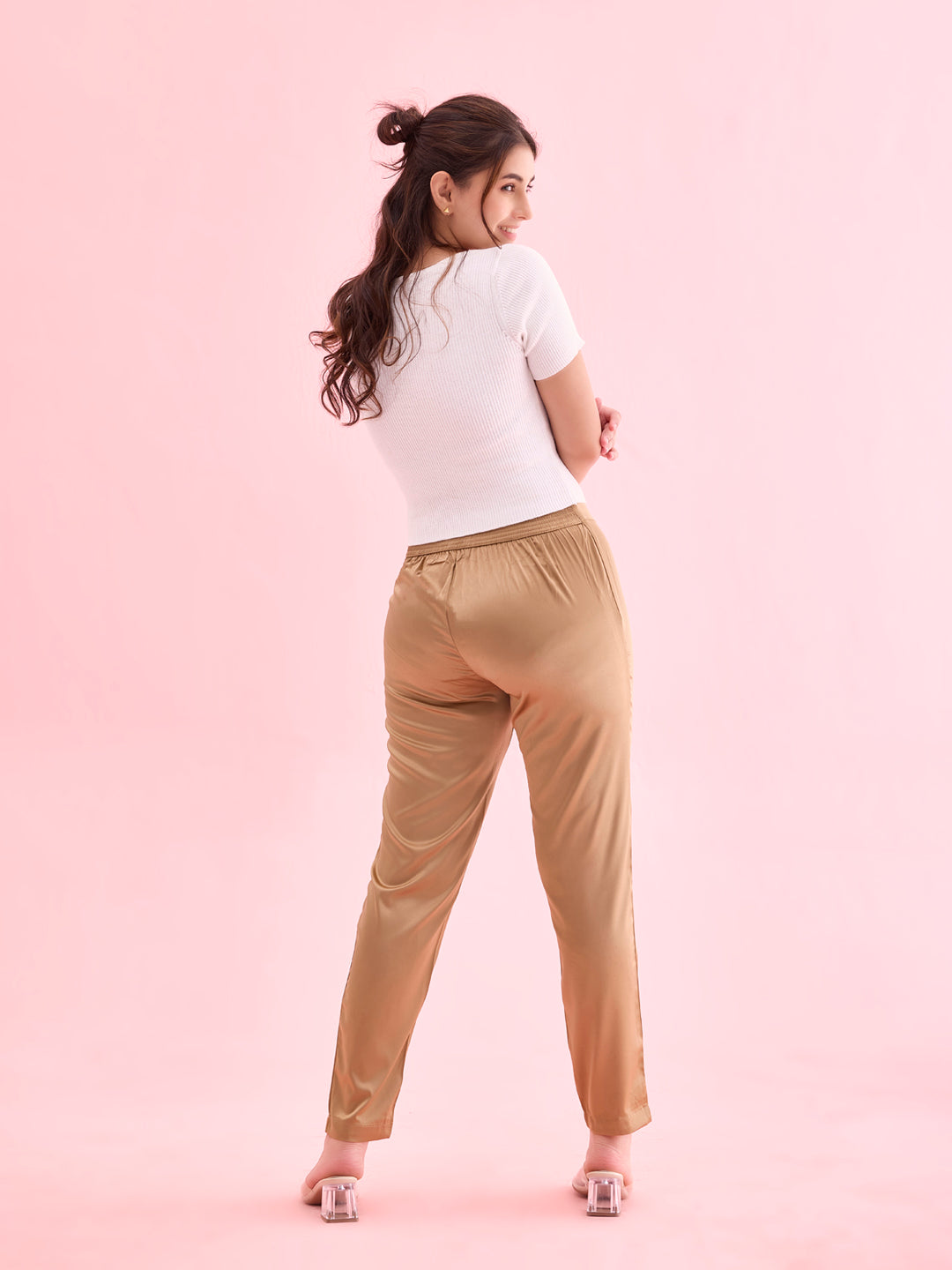 Go Colors Women Solid Mid Rise Deep Gold Shiny Pants - view 3