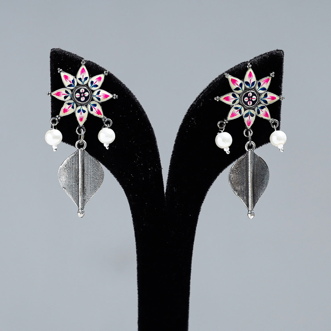 WHITE RIVER STORIES Antique Silver Finish Oxidised Brass Base Enamel Work Earrings - view 2