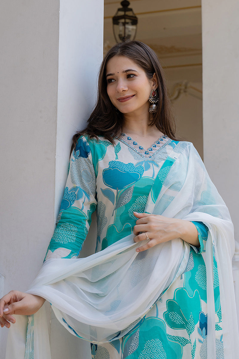 Ahika White Cotton Blend Floral Printed Straight Suit Set VKSKD2206 - view 2