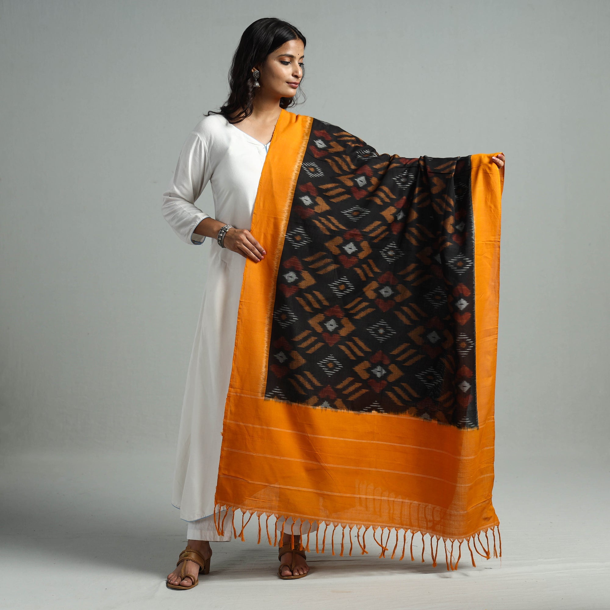 POCHAMPALLY IKAT WEAVES BY GOVARDHAN Black - Pochampally Ikat Weave Cotton Handloom Dupatta 13